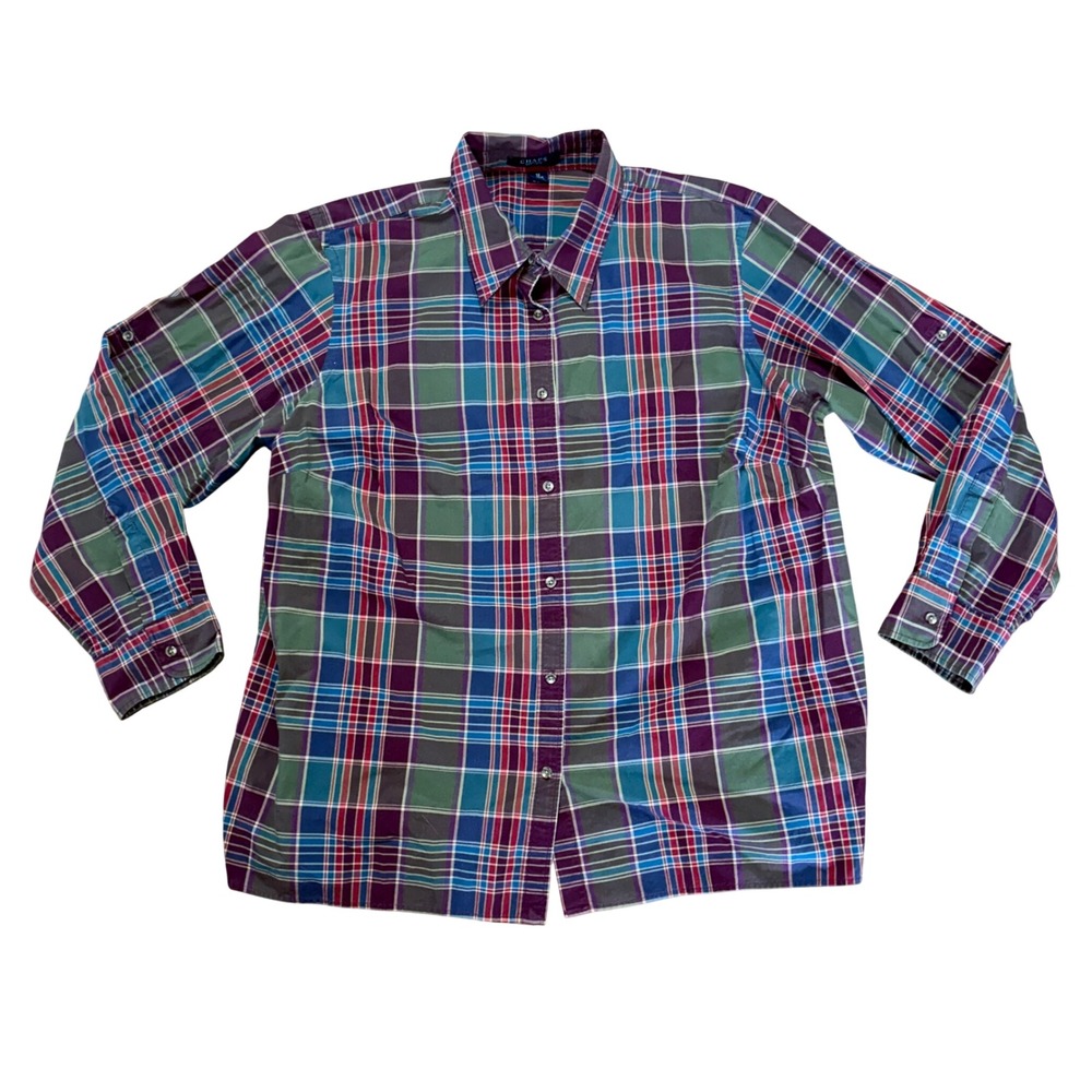 Chaps Womens 1X Plaid Button Up Shirt Burgundy Green Cotton Roll Tab Sleeves